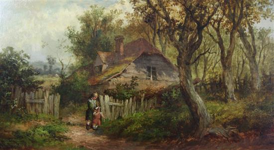 19th century English School Figures outside country cottages, 9.5 x 17.5in.
